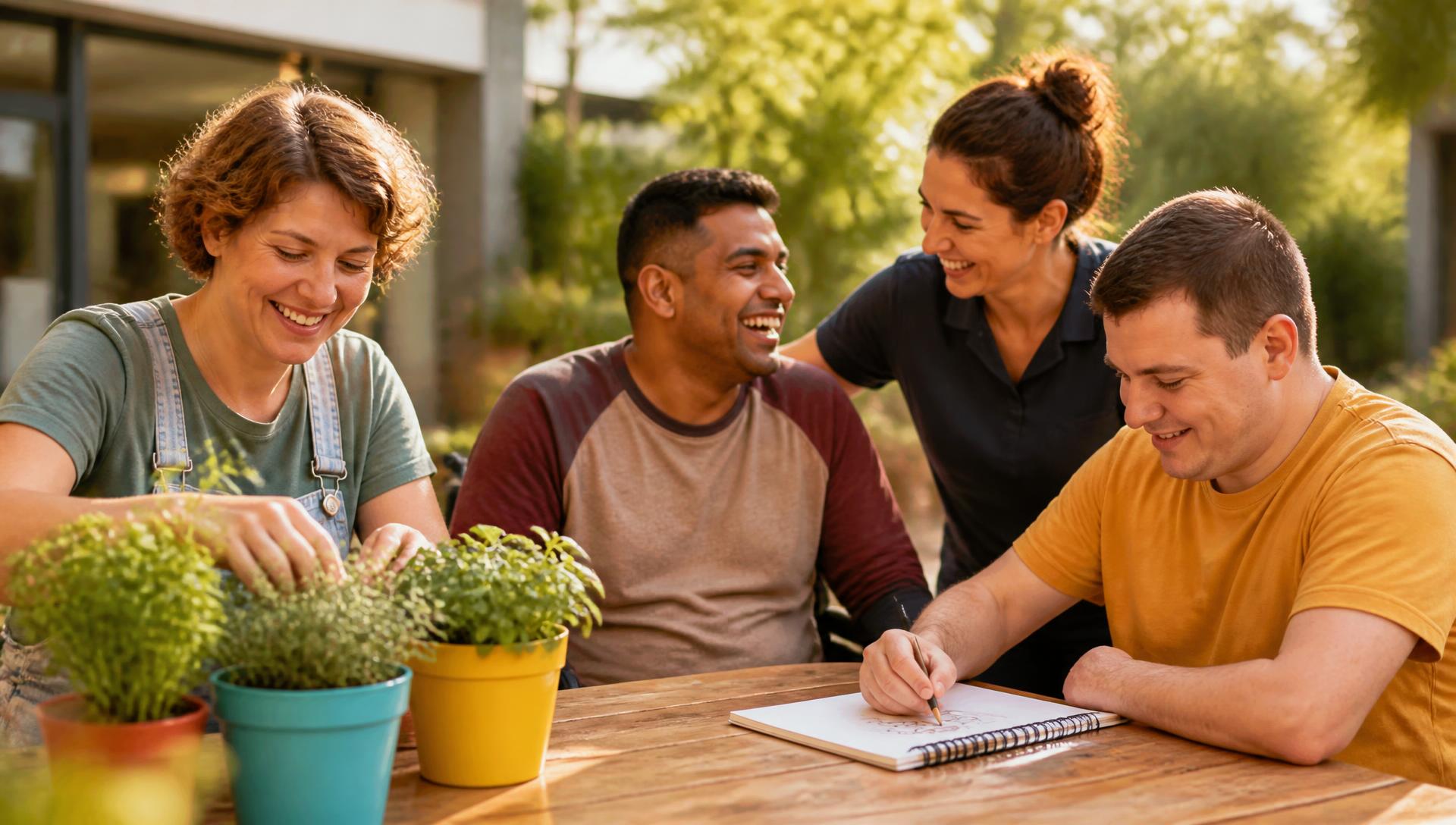 Diverse participants and a support worker enjoying a community gardening and art activity together in a sunny outdoor courtyard